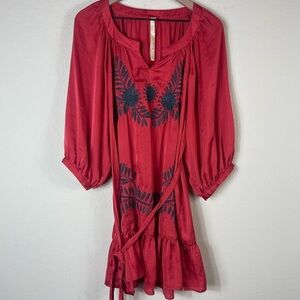 Uncle Frank Embroidered Long Sleeve Waist Tie Dress in Red Size Large